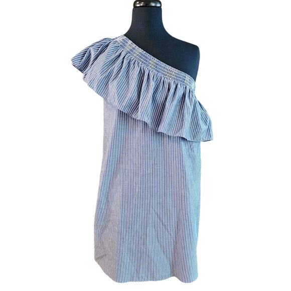 Sweet Wanderer Dress Womens Large Ruffle One Shoulder Striped Blue & White - Picture 1 of 8